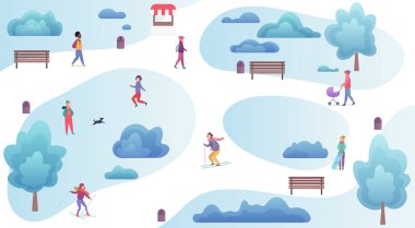 Dinlenme ve kış park top oynayan insanlar görüntüleyin. Erkek ve kadın kış etkinlikleri harita dışında.