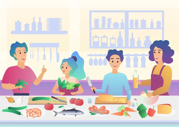 Dessin animé cuisine familiale heureuse. Mère et père parents avec enfants enfants cuisinent de la nourriture dans la cuisine illustration vectorielle de gradient de dessin animé . — Image vectorielle