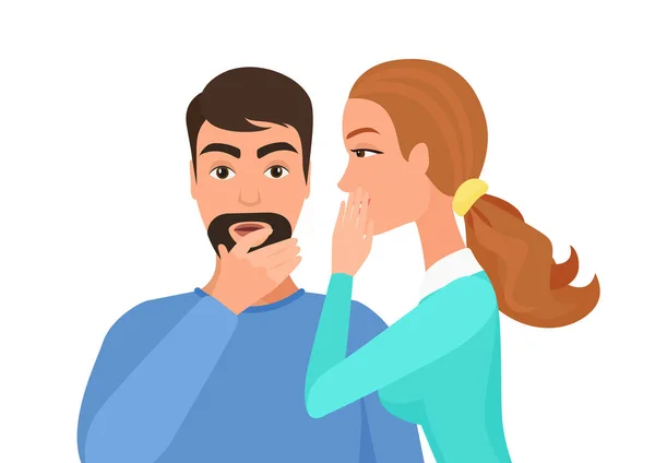 Una donna che sussurra pettegolezzi o voci segrete all'uomo. Gossiping segreto persone vettoriale illustrazione . — Vettoriale Stock