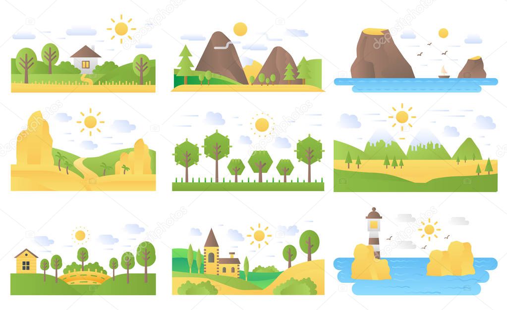 Landscape cartoon flat concept nature icons illustrations vector set