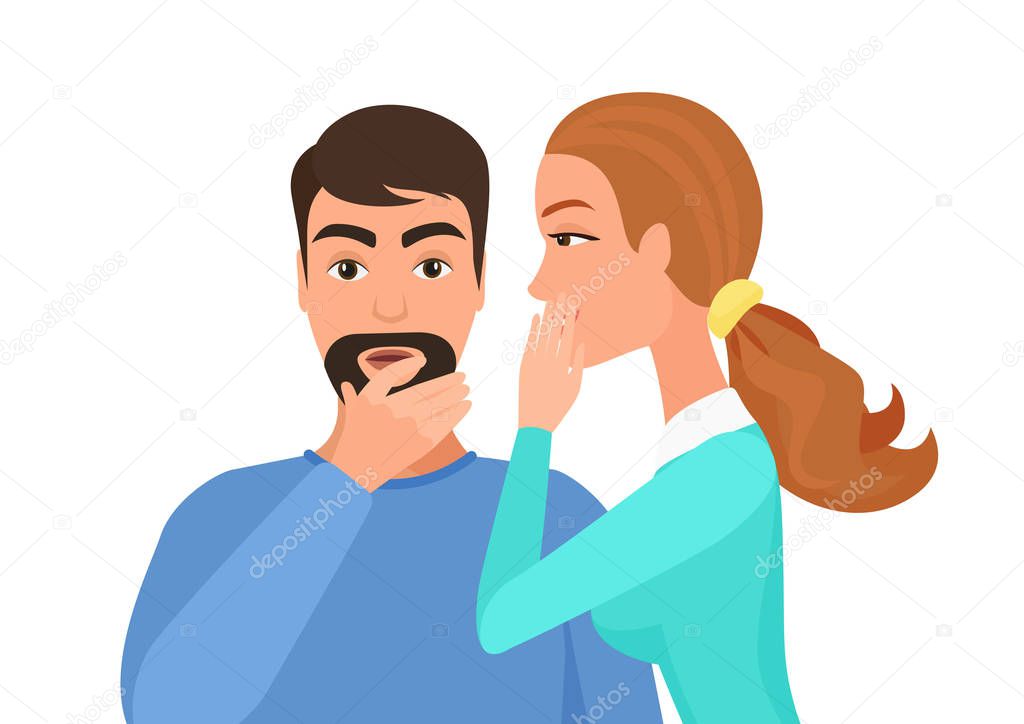 Woman whispering gossip or secret rumors to man. Gossiping secret people vector illustration.