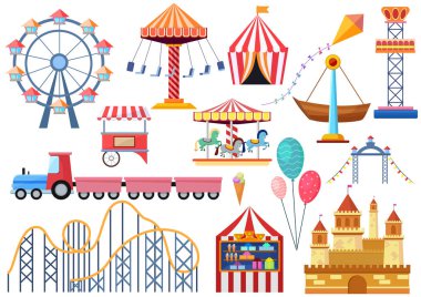 Eğlence Parkı vektör eğlence simgeler öğeleri izole. Renkli karikatür düz dönme dolap, carousel, sirk ve izole Kalesi.