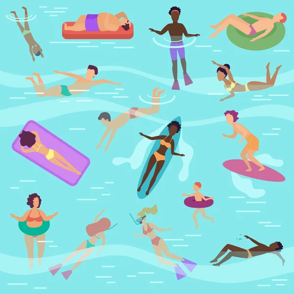 Kreslené vektorové lidé v moři či oceánu provádějí různé činnosti. Samec a samice opalování, plavání, potápění, surfování, ležící na měkké plovoucí nafukovací matrace. — Stockový vektor
