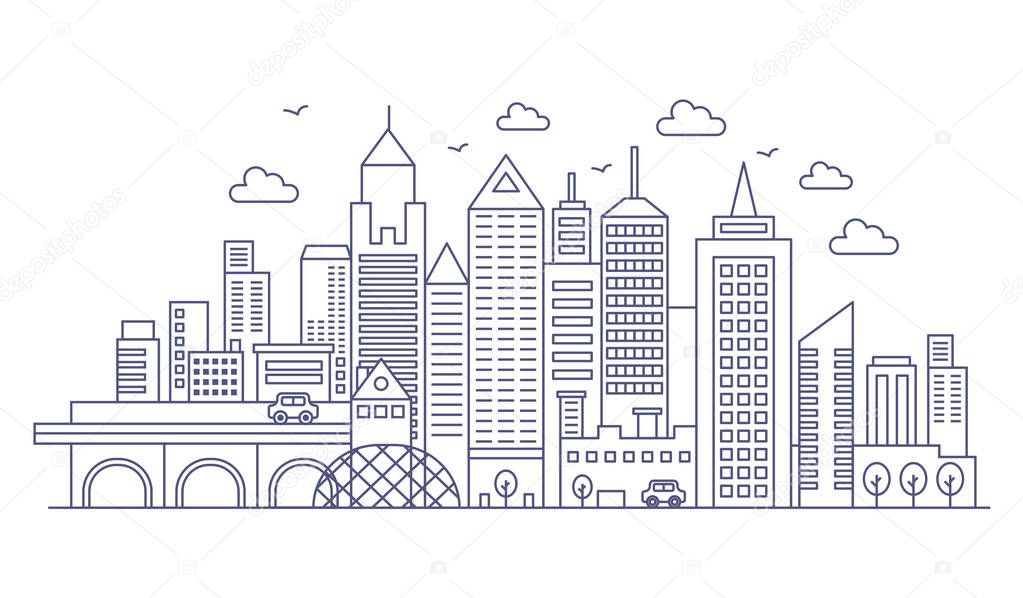 Thin line modern big city background. Urban cityscape with Skyscrapers vector illustration.
