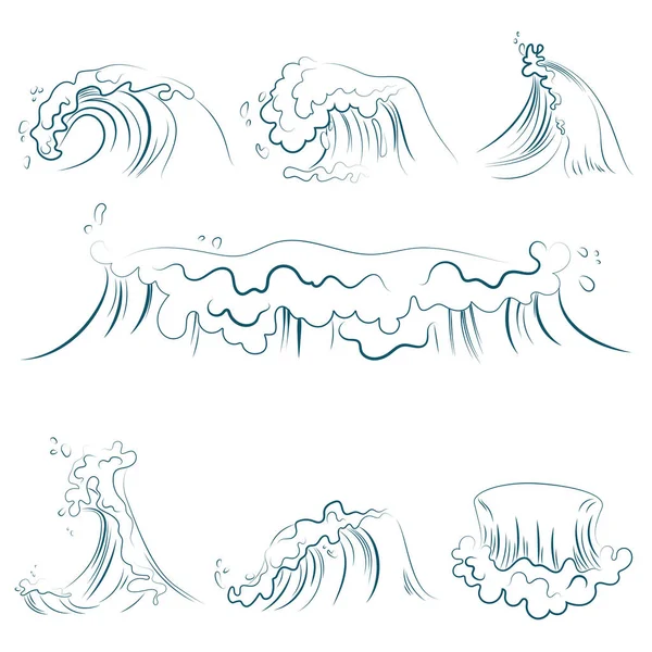 Hand drawn volumetric blue line sea waves vector set. Ocean storm wave isolated vector illustration. — Stock Vector