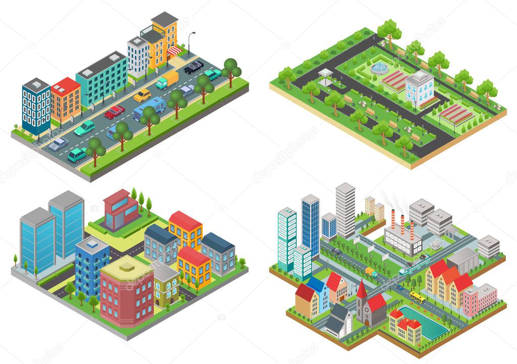 Set of isolated 3d Isometric Realistic cartoon urban City Maps top view vector iullustration.