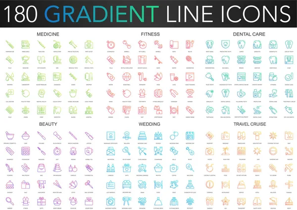 180 trendige Gradientenvektor dünne Linie Symbole Set von Medizin, Fitness, Zahnpflege, Schönheit, Hochzeit, Reise-Kreuzfahrt. — Stockvektor