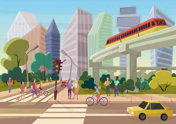 Moderna strada urbana cartone animato città con i giovani a piedi vettoriale illustrazione . — Vettoriale Stock