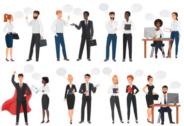 İşadamları, office insanlar tartışma, talkking chat, konuşma kabarcıklar vektör çizim diyalog.