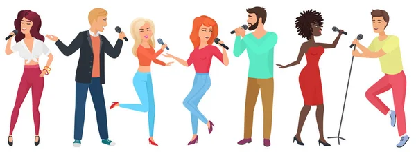 Giovani star con microfoni che cantano e ballano. Ragazze e ragazzi si divertono nel karaoke club vettoriale illustrazione . — Vettoriale Stock