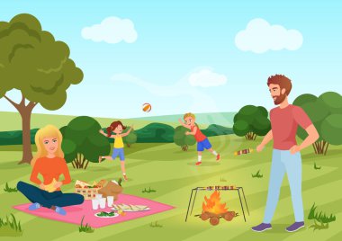 Mutlu youg aile piknik orman alanı üzerinde. Baba, Anne, oğlu ve kızı andresting doğa vektör gösterimde oynuyorlar.