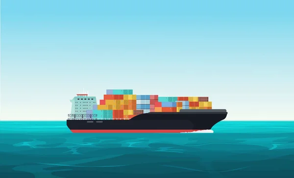 Вантажний транспортний корабель з контейнерами в океані. Концепція доставки, перевезення вантажів Векторні ілюстрації . — стоковий вектор