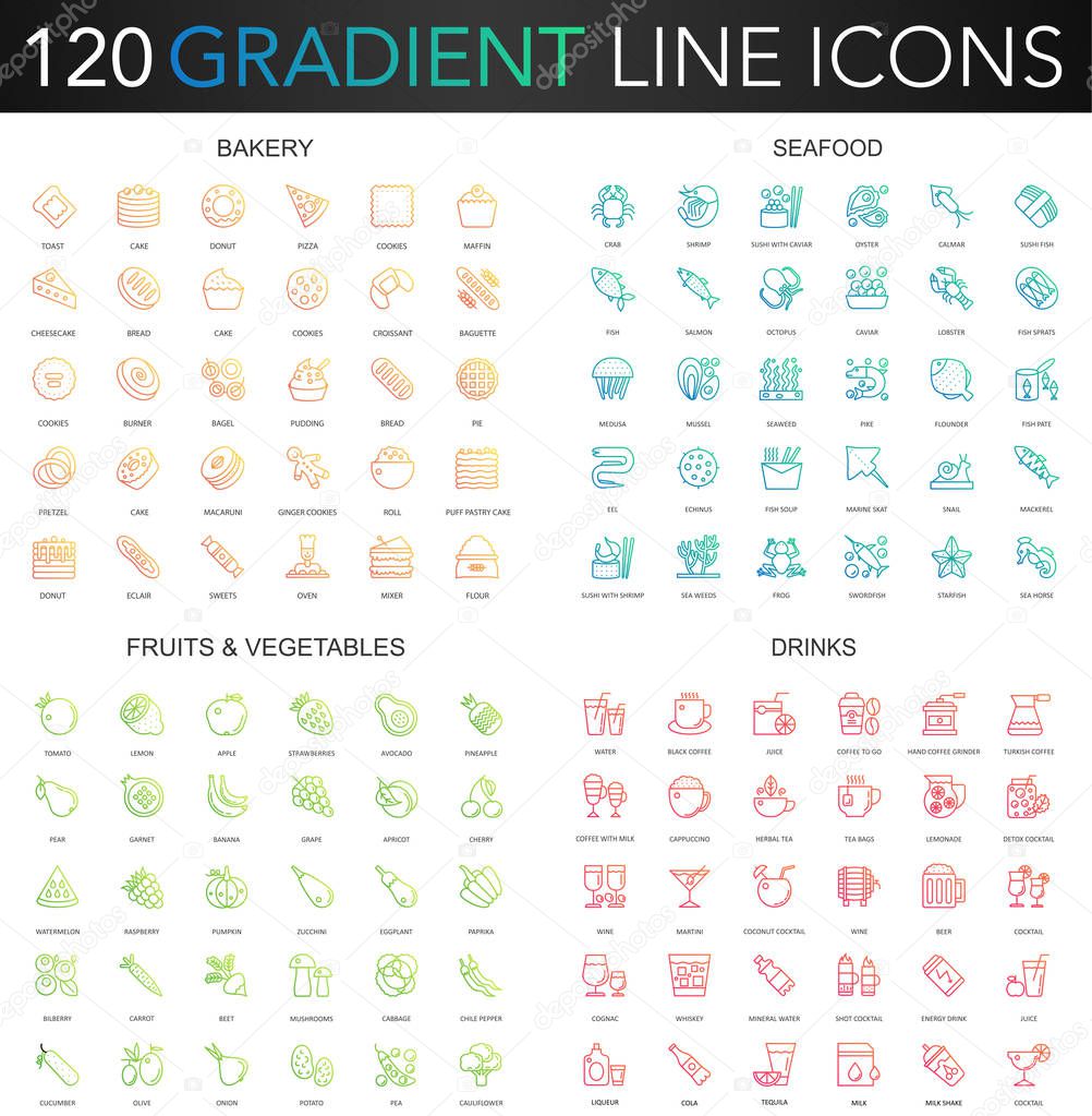 120 trendy gradient vector thin line icons set of Bakery, Seafood, Fruits Vegetables, Drinks icon.