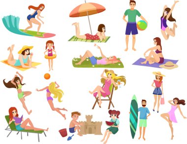 Yaz plaj çizgi film anime vektör insanlar açık hava etkinlikleri. Dostum, kadın ve güneşlenme, oynarken, yürüme, sörf tahtası taşıyan, konuşurken çocuklar, rahatlatıcı izole.