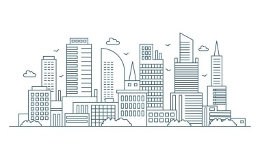 Satır modern kentsel büyük şehir panoraması. Anahattı kontur cityscape gökdelenler vektör çizim.