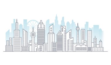 Satır modern kentsel büyük şehir panorama renkli arka plan üzerinde bina. Anahattı kontur cityscape gökdelenler vektör çizim.