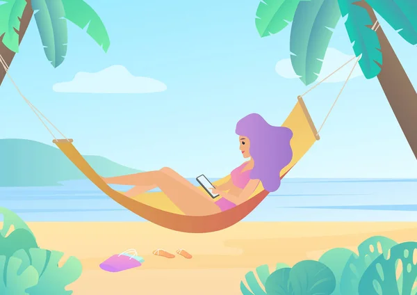 Menina de maiô em rede entre palmeiras usando smartphone e relaxando na praia. Viagem tropical conceito de viagem fundo com mar ou oceano ilustração vetor . — Vetor de Stock