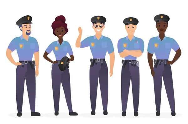 Grupo de agentes de policía personas. Hombre y mujer guardias de seguridad policías personajes vector ilustración . — Archivo Imágenes Vectoriales