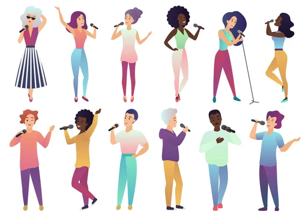 Vektor-Cartoon-Sänger mit Mikrofonen und Musiker isoliert. Menschen singen Karaoke-Lieder über Wettbewerb, Party, Feier. — Stockvektor