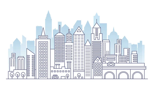 Modelo de panorama de linha de paisagem da cidade com arranha-céus altos de cor plana. Delinear a ilustração do vetor urbano urbano inteligente . — Vetor de Stock