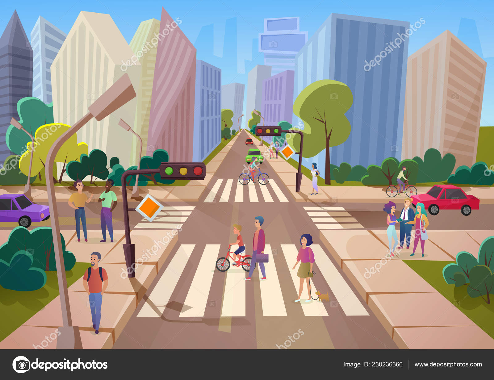 Multitud de personas de dibujos animados caminando en urbano moderno cit  calle vector ilustración . Vector de stock #230236366 de ©Lembergvector, image size:1600x1231