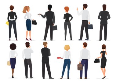 Arkadan görünüş iş grubunun office insanlar, erkek ve kadın karakter birlikte izole vektör çizim ayakta.