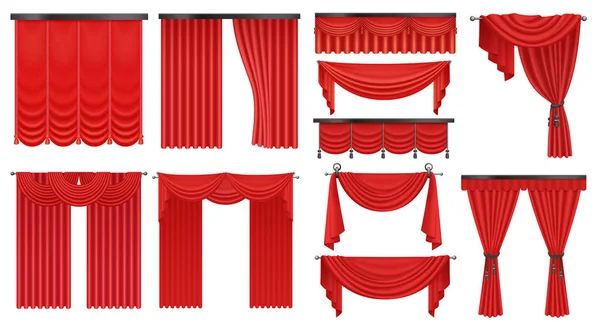 Realistic luxury scarlet red silk, expensive velvet curtains draperies set isolated vector illustration. — Stock Vector