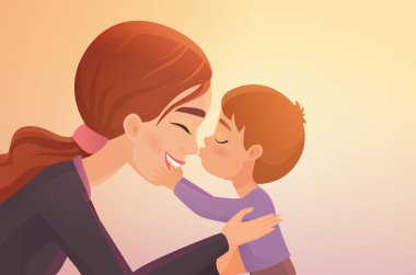 Sevimli küçük çocuk öpücük onun mutlu anne karikatür vektör çizim.