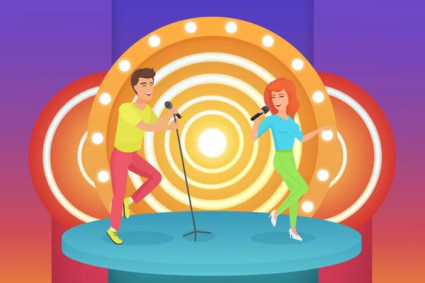 Paar, Sänger und Sängerinnen singen Karaoke-Lieder im Stehen auf der modernen Bühne. — Stockvektor