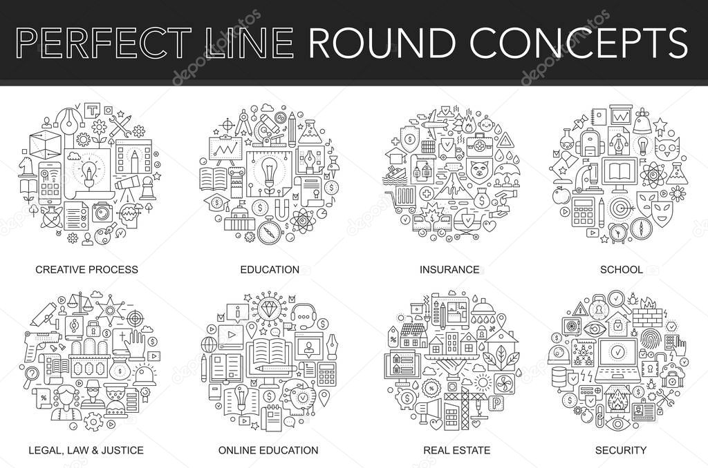 Round outline concept of creative process, insurance, school, legal, law and justice, online education, real estate, security icons. Thin line vector icons set for cover, emblem, flyers, posters.