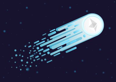 Açık alanda uçan ethereum kripto simgesi olan kuyruklu yıldız. Vektör çizim yükselen Cryptocurrency Pazar.