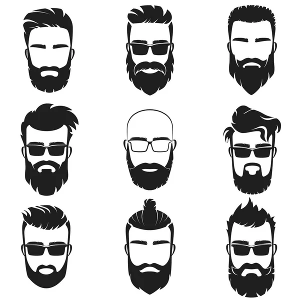 Barbudo elegantes hombres hipster caras con diferentes cortes de pelo estilo, bigotes, barbas, gafas de sol negro avatar, emblema, etiqueta vector ilustración . — Archivo Imágenes Vectoriales