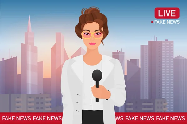 Anchorman mulher bonita no fundo da cidade. Notícias de transmissão de TV de mídia. Fake Breaking News conceito vetor ilustração . —  Vetores de Stock