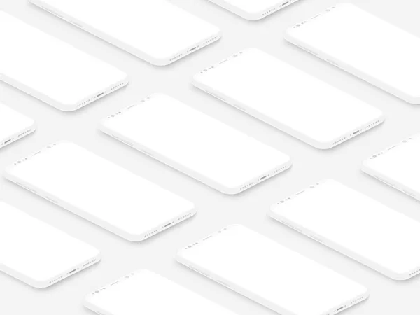Weiche isometrische weiße isometrische realistische Smartphones mit leeren Bildschirmen Raster. leere Bildschirm-Telefon-Vorlage zum Einfügen von UI-Schnittstelle oder Geschäftspräsentation. schwebende Vektor-Attrappe. — Stockvektor