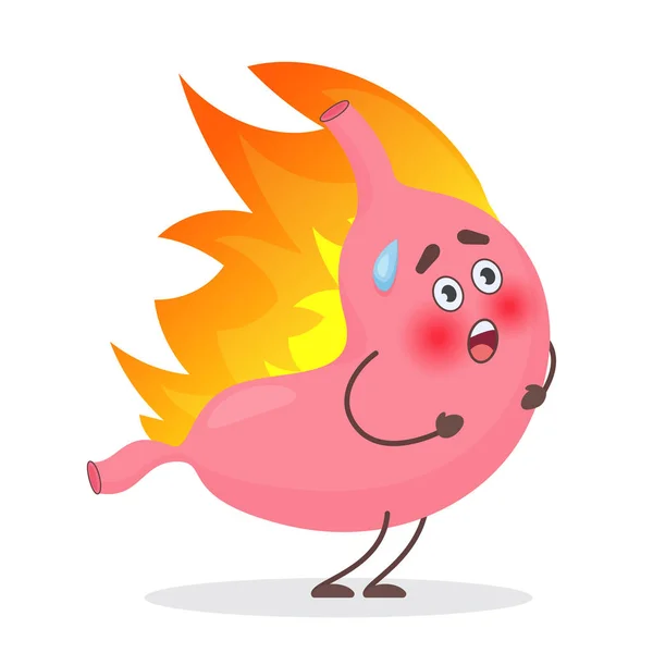Lindo Estómago emociones carácter en el fuego. Gastritis y reflujo ácido, indigestión y dolor de estómago problemas concepto vectorial . — Archivo Imágenes Vectoriales