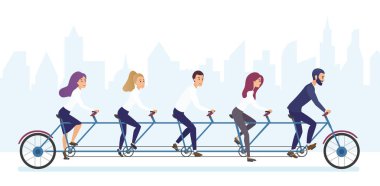 Grup ofis iş adamları birlikte bisiklet sürme. İki kişilik bisiklet ekip çalışması kavramı brvyot illüstrasyon.