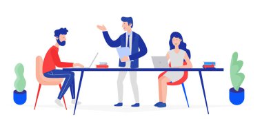 Takım düşünce ve beyin fırtınası toplantısı. Söz ve analytics şirketin yapım insanlar, artan satış ve becerileri illüstrasyon vektör.