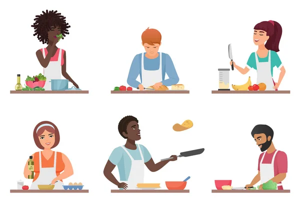 Cartoni animati persone cucinare insieme isolato vettoriale illustrazione . — Vettoriale Stock