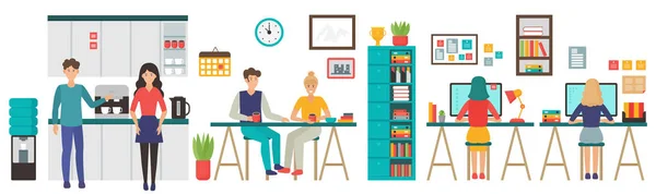 Coworking merkezi iç kavramı. Paylaşılan çalışma ortamında iş görüşmesi. İnsanlar konuşmak ve açık alan office karikatür düz vektör çizim bilgisayarlarda çalışma. — Stok Vektör