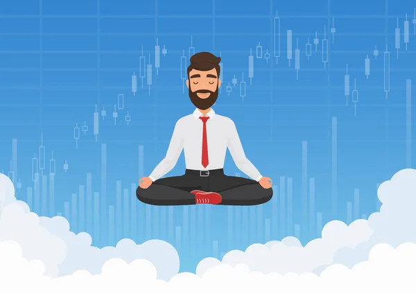 Comerciante de negocios meditando en el cielo. Hombre de negocios meditativo relajante sobre las nubes con gráficos de bolsa de valores ilustración vector de fondo . — Vector de stock