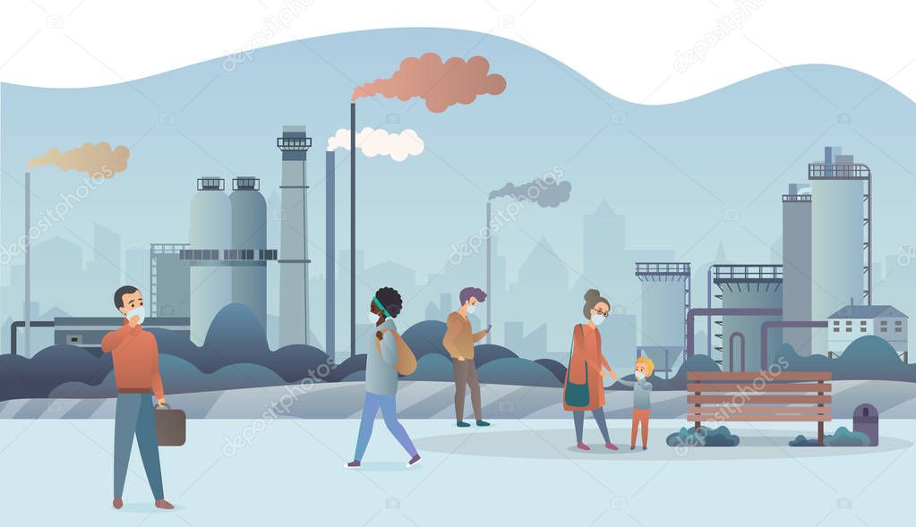 Sad and unhappy people wearing protective face masks and walking near factory pipes city with smoke on background. Industrial smog, fine dust, air pollution and pollutant fog gas vector illustration.