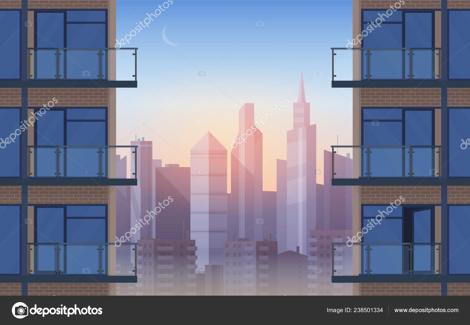 Apartamento Balcón en casa moderna al atardecer. Paisaje urbano rascacielos  paisaje urbano entre casas civiles dibujos animados fondo vector  ilustración . Vector de stock #238501334 de ©Lembergvector, image size:1600x1107