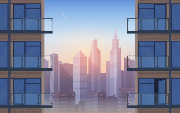 Appartement balkon in modern huis in de zonsondergang. Stedelijke sityscape wolkenkrabbers stadsgezicht tussen burgerlijke huizen cartoon achtergrond vectorillustratie. — Stockvector