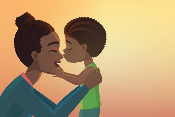 可爱的小黑人美国男孩亲吻他快乐的母亲卡通矢量插图. — 图库矢量图片