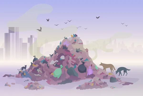 Páchnoucích skládkách odpadu krajina s město mrakodrapů na pozadí. Znečištění prostředí koncepce vektorové ilustrace. — Stockový vektor
