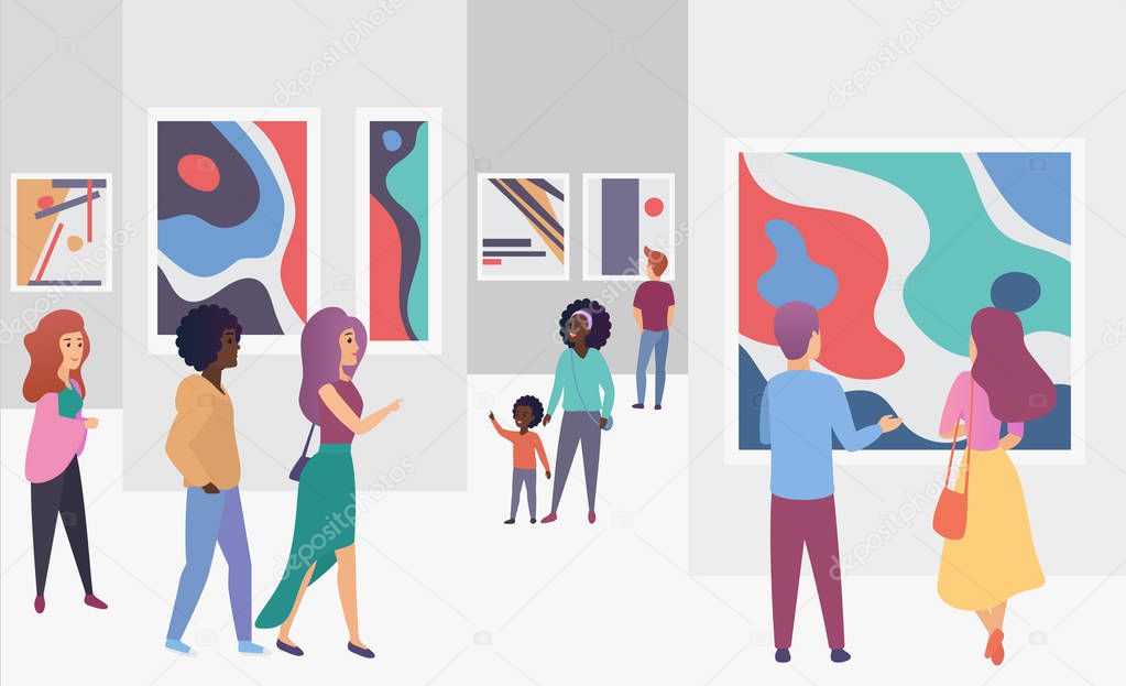Exhibition gallery visitors viewing trendy abstract paintings pictures in modern art gallery vector illustration.