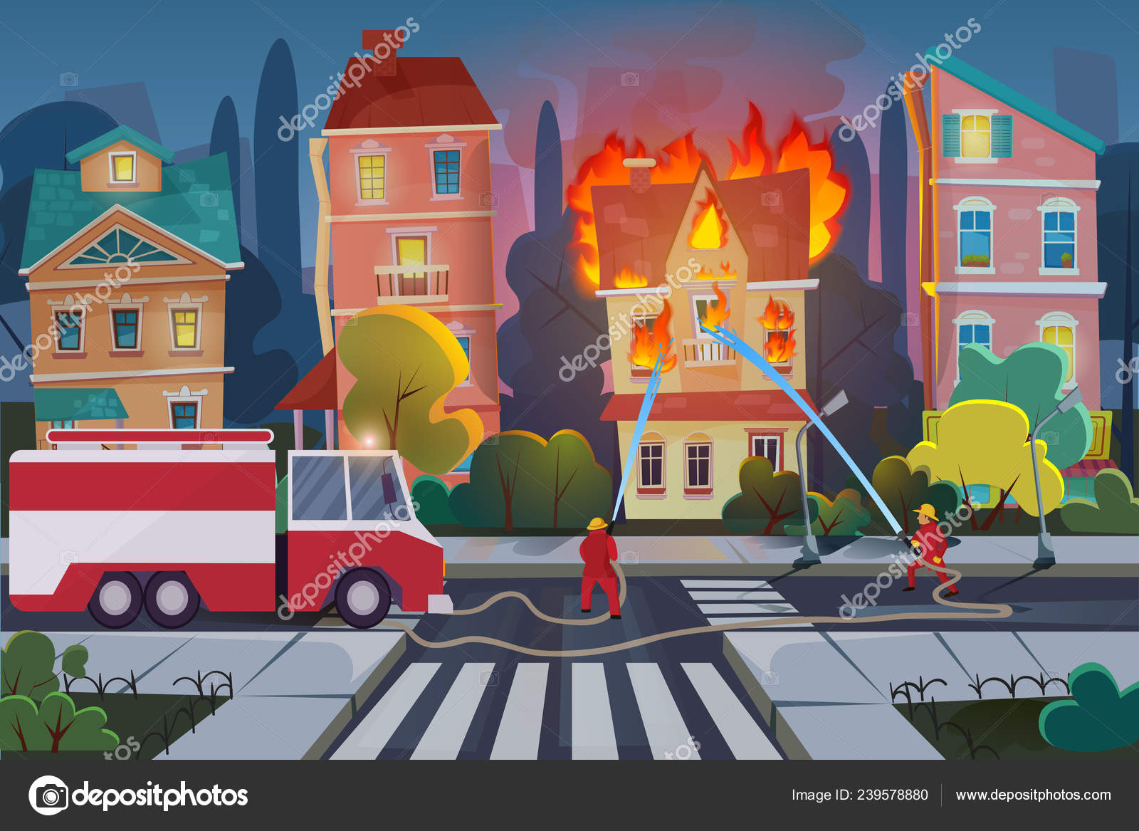Firefighters with engine fire truck extinguish civil house in town. Natural  Disaster concept cartoon vector illustration. Stock Vector Image by  ©Lembergvector #239578880