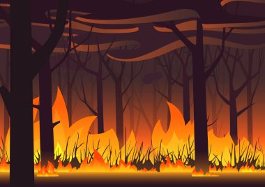 Woodland Eko afiş. Ormanda ateş. Orman yangını manzara vektör çizim.