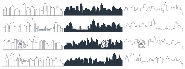 Komplexa line, kontinuerlig line och platt svart city skyline siluett. Skyskrapor bakgrund vektorillustration. — Stock vektor