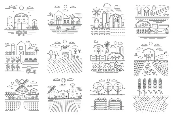 Agricultura Granja, campos de cultivo y edificios línea iconos vector ilustración . — Vector de stock